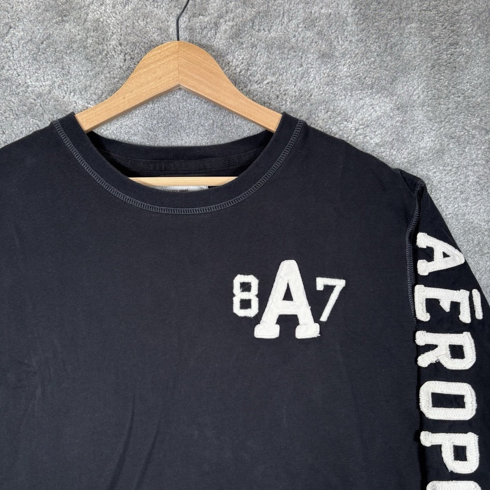 Vintage Aeropostale T Shirt Mens 2XL Black Embroidered Applique Long Sleeve Y2K